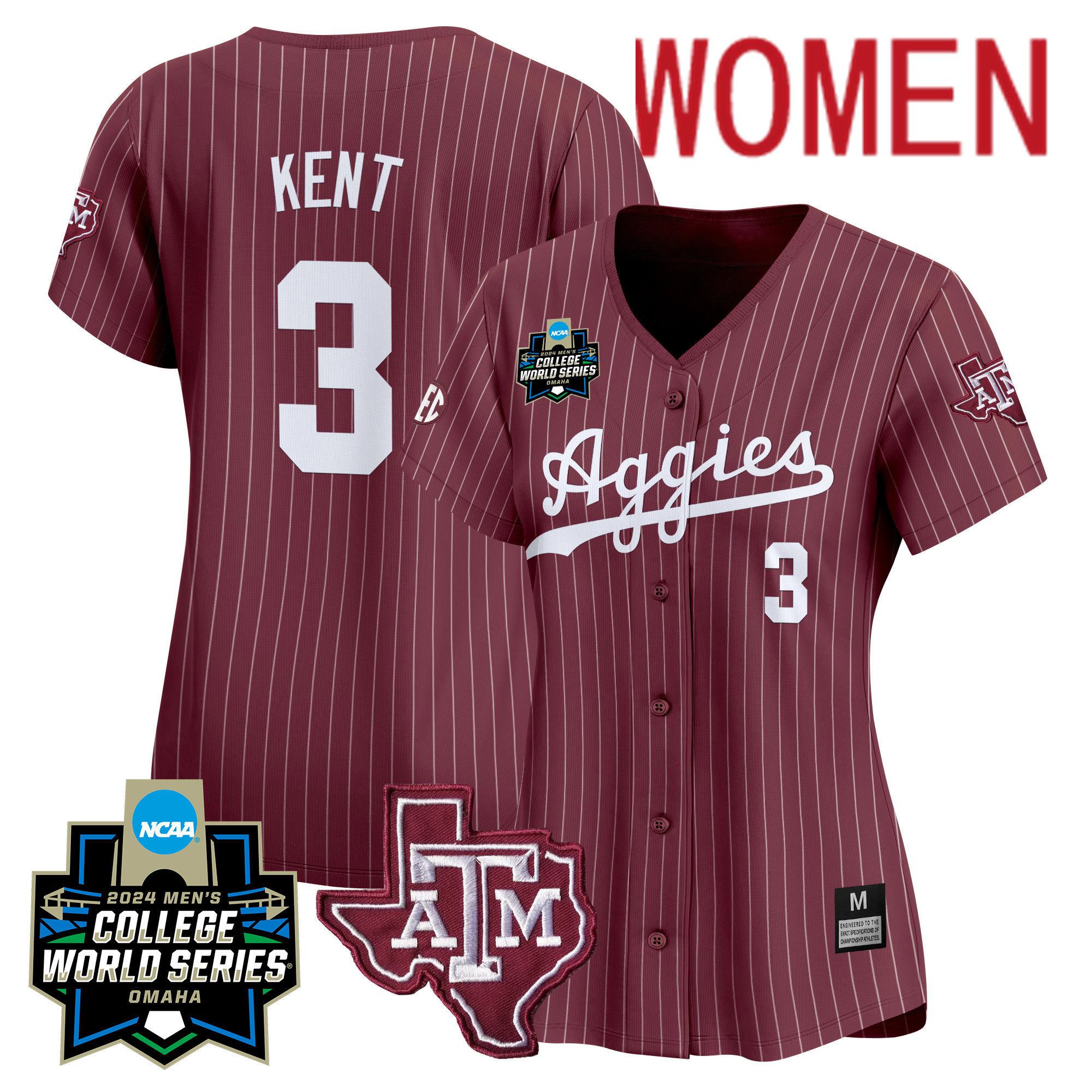 Women Texas A&M Aggies #3 Kent Red Stripe 2024 College World Series Vapor Premier Limited NCAA Jersey->women nfl jersey->Women Jersey